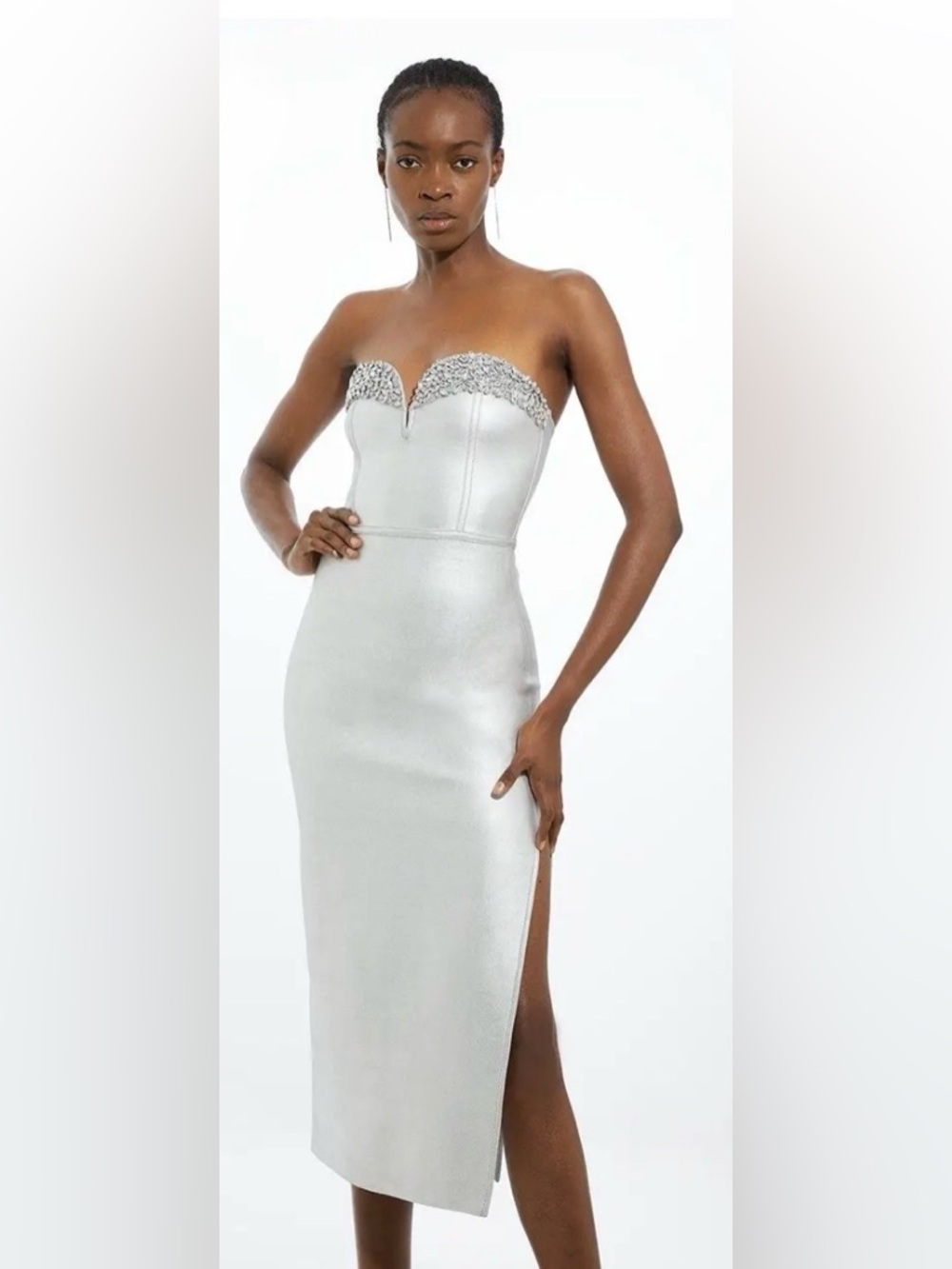 NWT-Strapless Silver Sequin-Trim Midi Dress- Size Medium